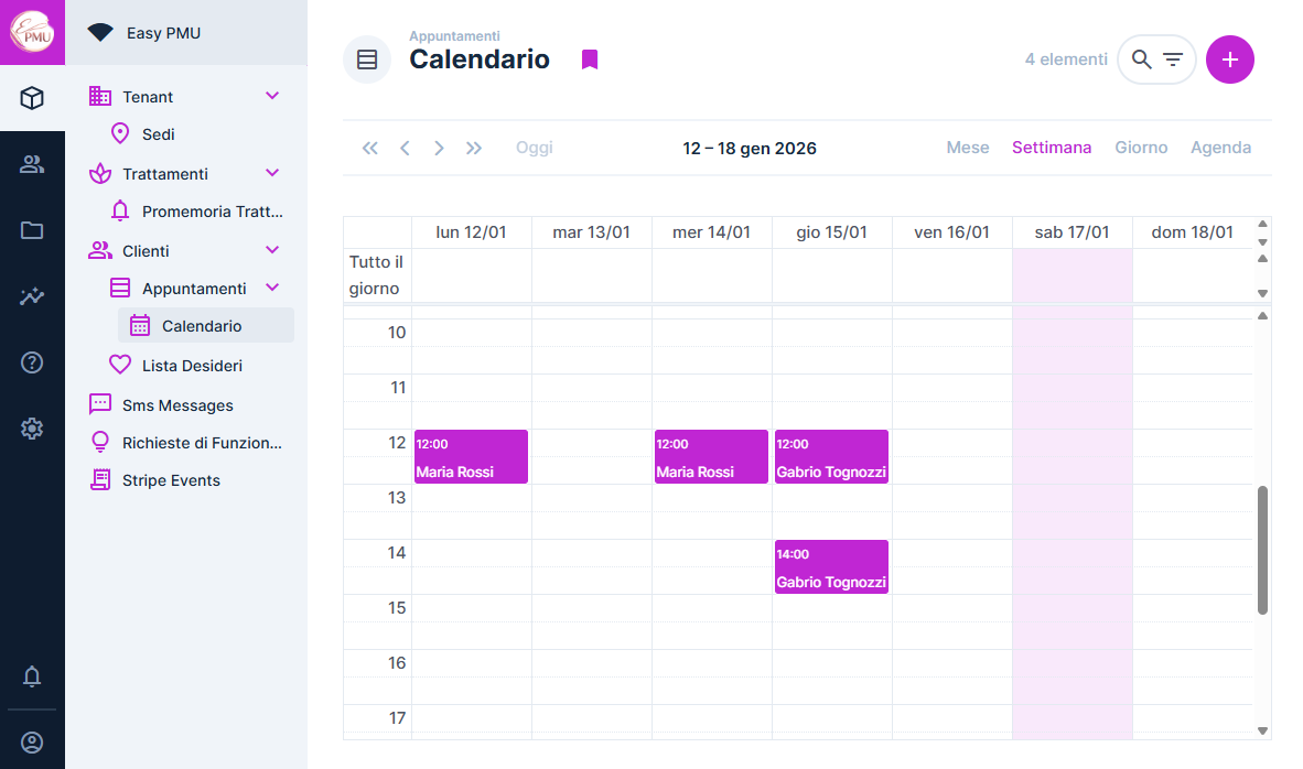 Calendario appuntamenti Easy PMU