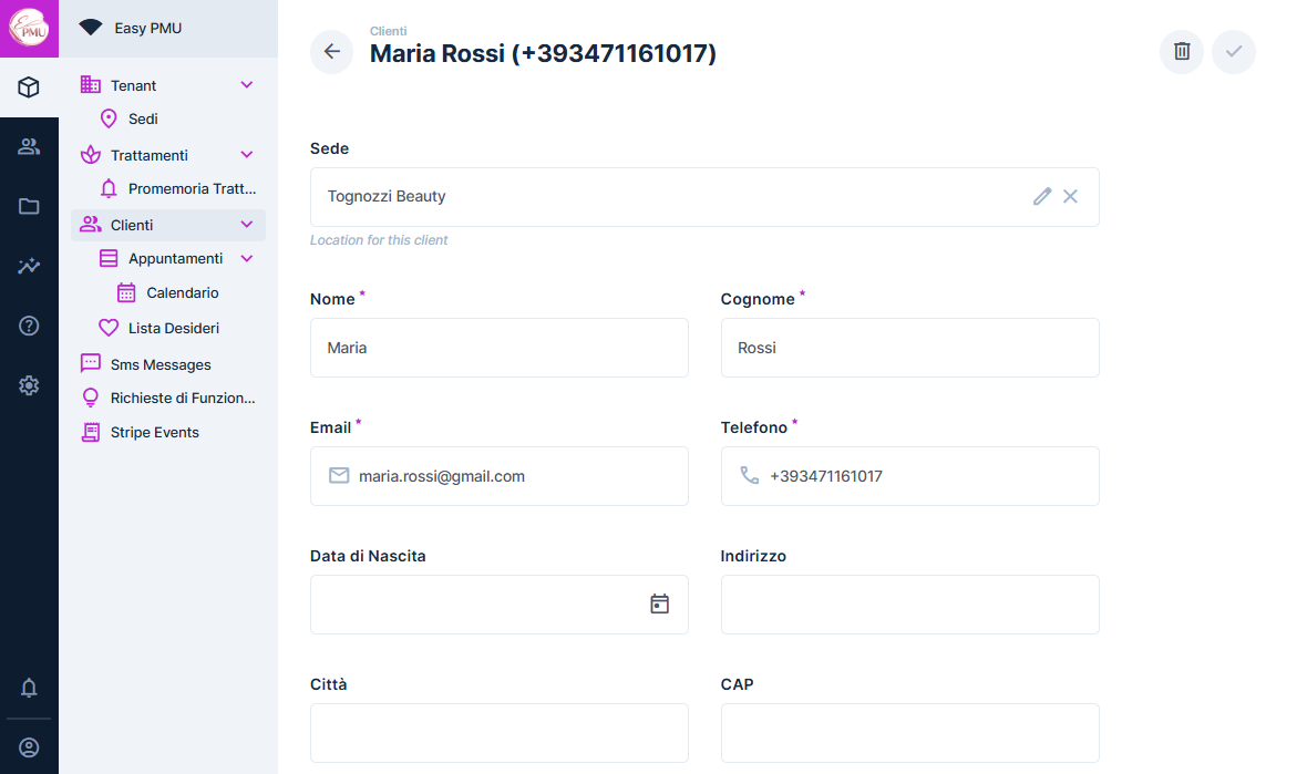 Dettaglio cliente Easy PMU